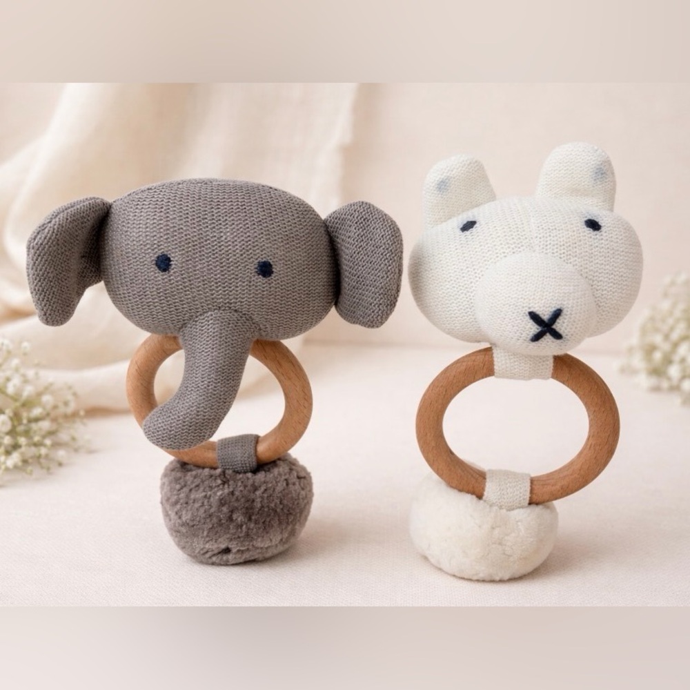 Zestt Organics Teether Rattle Baby Infant Lot 2 Gray Elephant White Bear RARE